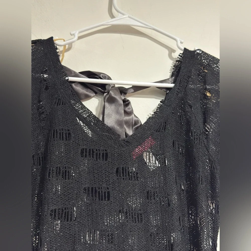 Si Designs Black Crochet Swim Cover Up Dress Ruched Tie Back Beachwear Size S